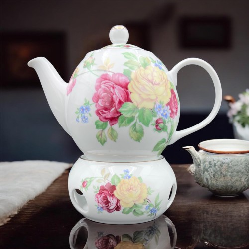 Porcelanowy czajnik do herbaty z podgrzewaczem bukiet róż