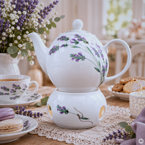 porcelanowy czajnik do herbaty z podgrzewaczem dekoracja lawenda